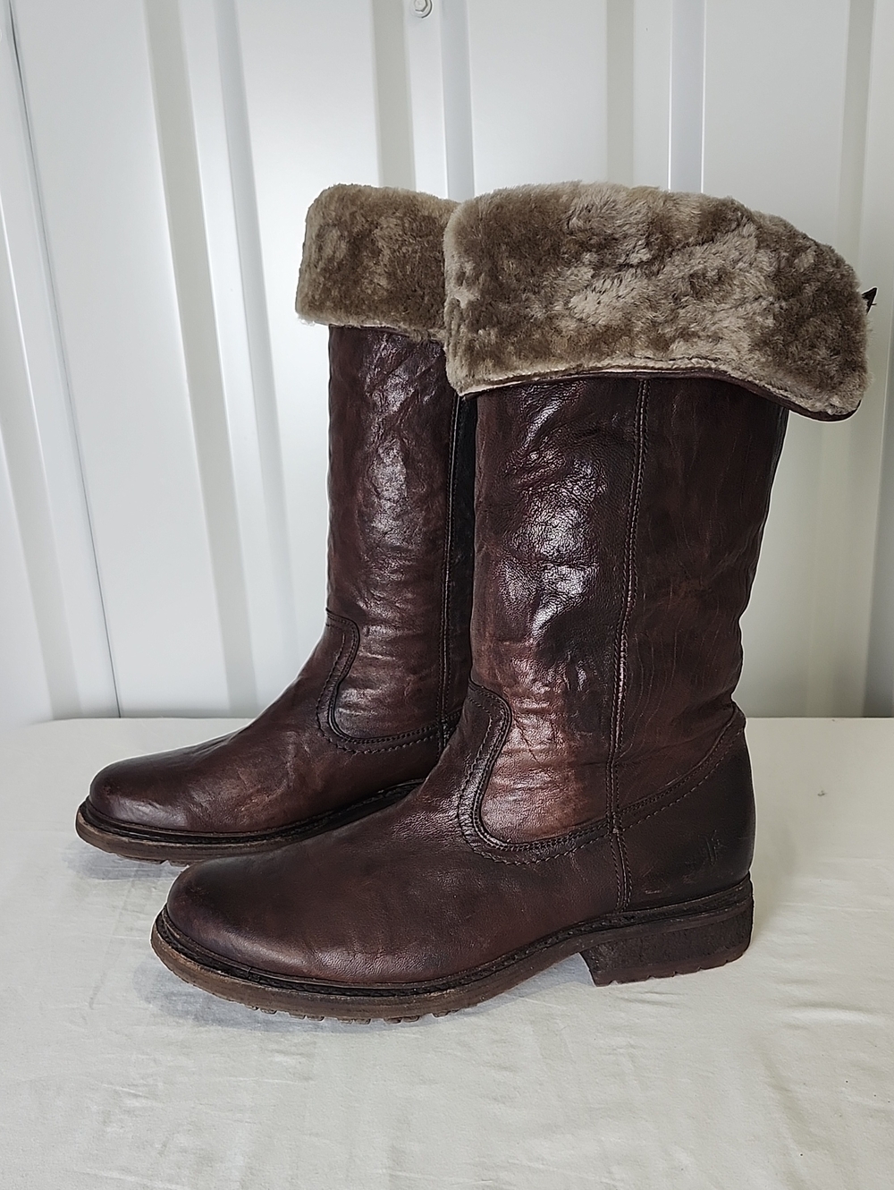 Frye Valerie Shearling Lined Brown Leather Cuff Boots Sz 9.5 Winter Pull On Cozy